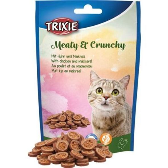 TRIXIE MEATY & CRUNCHY - KUŘE S MAKRELOU, KŘUPAVÉ MASOVÉ PAMLSKY, 50 G - DENTÁLNÍ PAMLSKY PRO KOČKY - CHOVATELSKÉ POTŘEBY MALVÍKZOO