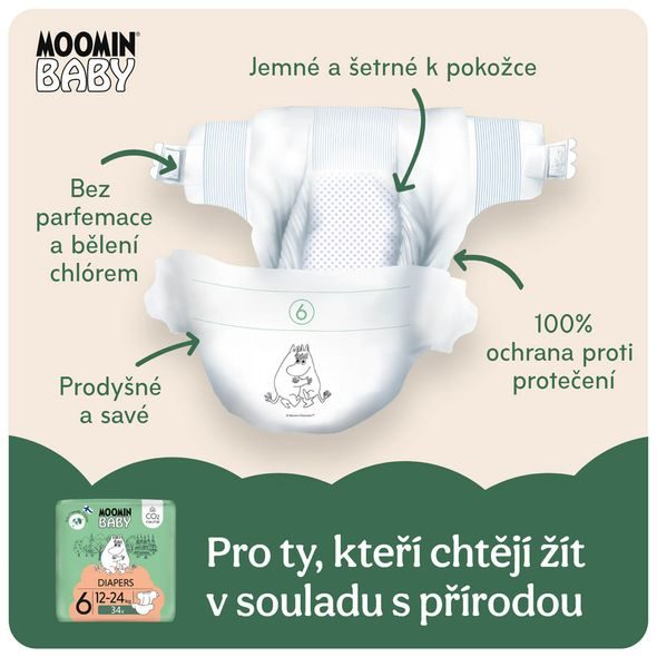 MOOMIN BABY 6 MAXI 12–24 KG (34 KS), EKO PLENY - JEDNORÁZOVÉ PLENY - PŘEBALOVÁNÍ