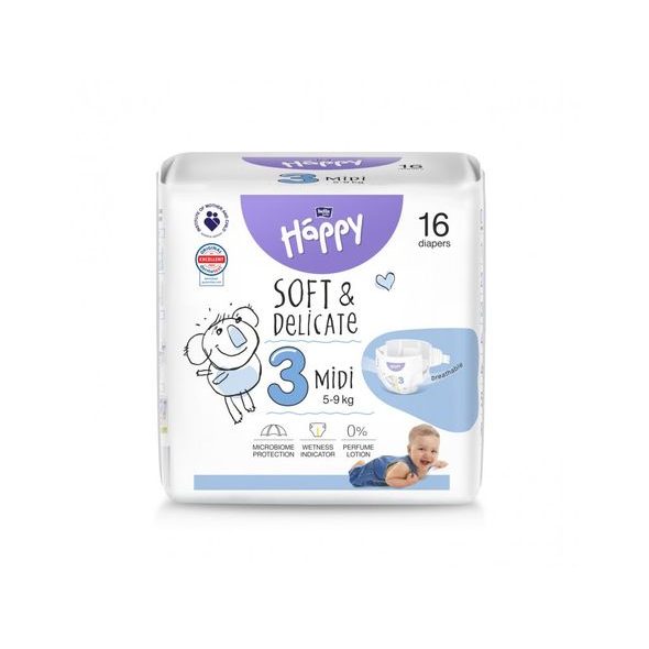 BELLA BABY HAPPY SOFT&DELICATE 3 MIDI 5-9KG 16KS - JEDNORÁZOVÉ PLENY - VŠETKO NA PREBAĽOVANIE