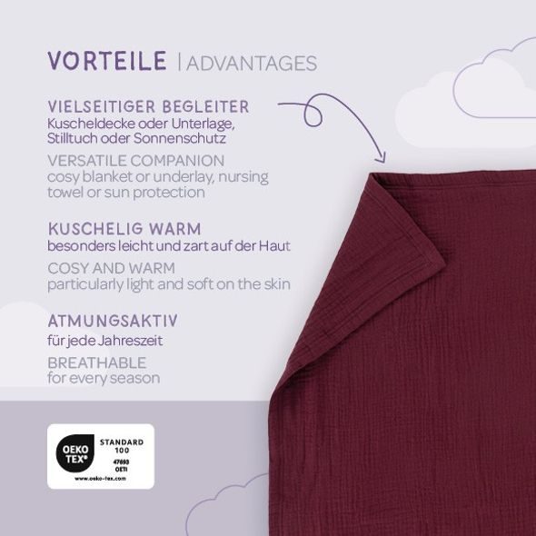 TRÄUMELAND MUŠELÍNOVÁ DEKA 100 X 75 CM BEERENROT - DĚTSKÉ DEKY PRO MIMINKA - SPINKÁNÍ