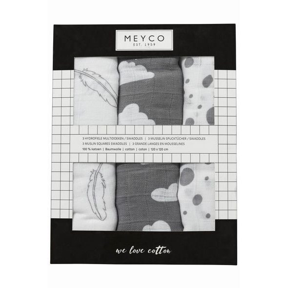 MEYCO PLENY 3-BALENÍ FEATHERS-CLOUDS-DOTS GREY/WHITE - ZAVINOVACÍ PLENY / OSUŠKY VELKÉ - PŘEBALOVÁNÍ