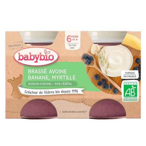 BABYBIO BRASSÉ Z OVESNÉHO MLÉKA BANÁN BORŮVKA 2X130 G - OVOCE/DEZERTY - KRMENÍ