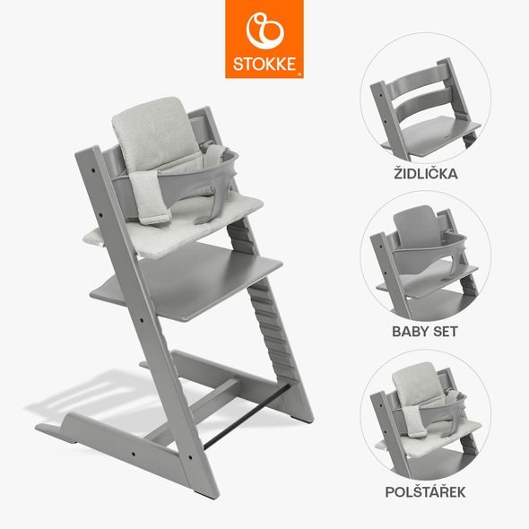 STOKKE® TRIPP TRAPP® + BABY SET + POLŠTÁŘEK ZVÝHODNĚNÁ SADA - JÍDELNÍ ŽIDLIČKY DŘEVĚNÉ - KRMENÍ