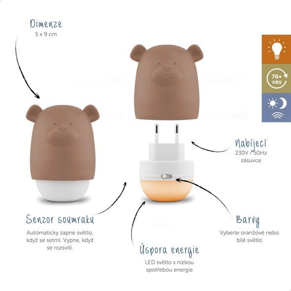 ZAZU MEDVÍDEK BENNY TERAKOTA - NOČNÍ SVĚTLO SE SENZOREM SOUMRAKU - NOČNÍ SVĚTLA - SPINKÁNÍ