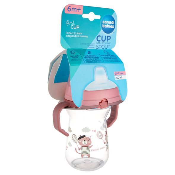 CANPOL BABIES HRNEČEK SE SILIKONOVÝM PÍTKEM FIRSTCUP BONJOUR PARIS 250ML RŮŽOVÝ - DĚTSKÉ HRNEČKY - KRMENÍ