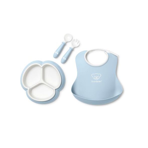 BABYBJÖRN 4 DÍLNÝ JÍDELNÍ SET S DĚLENÝM TALÍŘKEM PUDROVĚ MODRÝ - VÝHODNÉ SADY - KRMENÍ