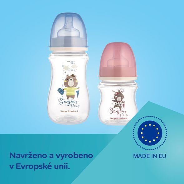 CANPOL BABIES LAHEV SE ŠIROKÝM HRDLEM BONJOUR PARIS 120ML MODRÁ - KOJENECKÉ LAHVE - KRMENÍ