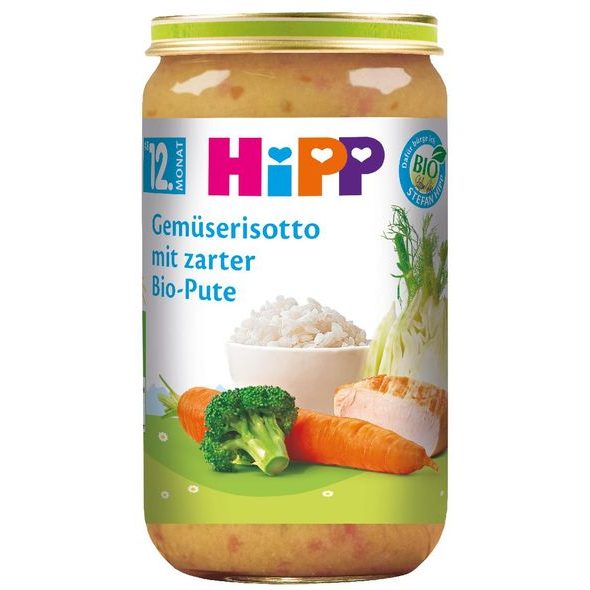 HIPP BIO ZELENINOVÉ RIZOTO S BIO KRŮTÍM MASEM, ZELENINA (23 %) 250G - MASO/ZELENINA - KRMENÍ