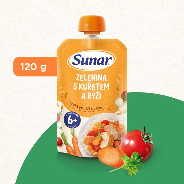 SUNAR PŘÍKRM ZELENINA S KUŘETEM A RÝŽI 6M+ 120G - KAPSIČKY - KRMENÍ