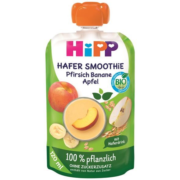 HIPP BIO 100% ROSTLINNÉ OVESNÉ SMOOTHIE – JABLKO – BROSKEV – BANÁN 120 ML - KAPSIČKY - KRMENÍ