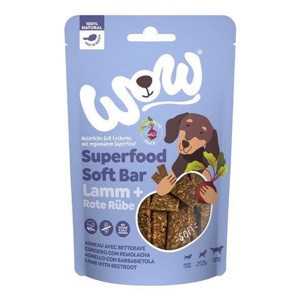 WOW PAMLSKY JEHNĚČÍ S ŘEPOU SUPERFOOD MĚKKÉ PROUŽKY 150G - VÝCVIKOVÉ PAMLSKY PRO PSY - CHOVATELSKÉ POTŘEBY MALVÍKZOO