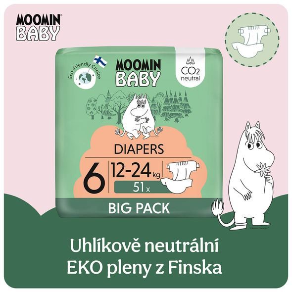 MOOMIN BABY 6 MAXI 12-24 KG (51 KS), EKO PLENKY - JEDNORÁZOVÉ PLENY - PŘEBALOVÁNÍ
