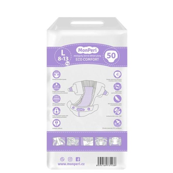 MONPERI ECO COMFORT L 8-13 KG - 50KS EKO JEDNORÁZOVÉ DĚTSKÉ PLENKY (VELIKOST 4) - JEDNORÁZOVÉ PLENY - PŘEBALOVÁNÍ