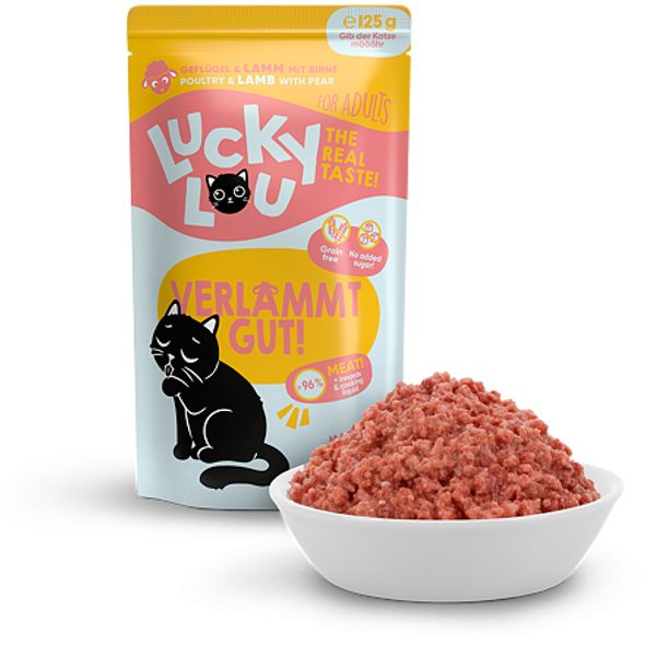 LUCKY LOU LUCKY LOU LIFESTAGE ADULT S DRŮBEŽÍM A JEHNĚČÍM MASEM 125 G - KAPSIČKY PRO KOČKY - CHOVATELSKÉ POTŘEBY MALVÍKZOO