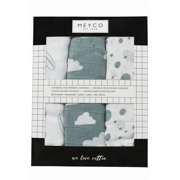 MEYCO PLENY 3-BALENÍ FEATHERS-CLOUDS-DOTS STONE GREEN/WHITE - ZAVINOVACÍ PLENY / OSUŠKY VELKÉ - PŘEBALOVÁNÍ