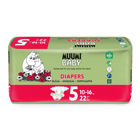 MUUMI BABY 5 MAXI+ 10–16 KG (22 KS), EKO PLENY - JEDNORÁZOVÉ PLENY - VŠETKO NA PREBAĽOVANIE