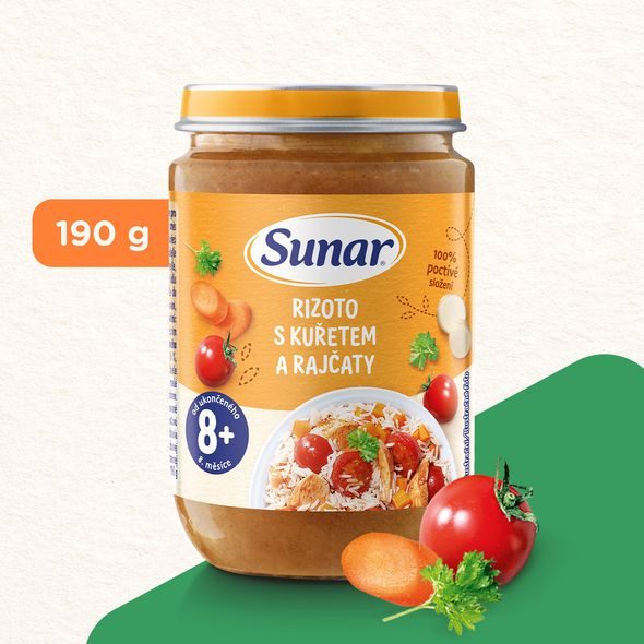SUNAR PŘÍKRM RIZOTO S KUŘETEM A RAJČATY 8M+ 190G - MASO/ZELENINA - KRMENÍ