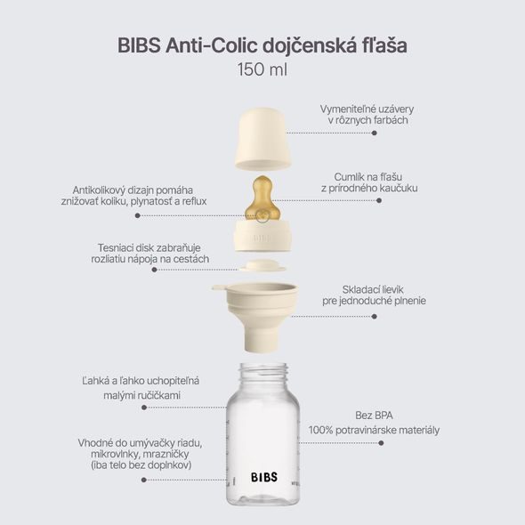BIBS ANTIKOLIKOVÁ LAHEV S KAUČUKOVÝM DUDLÍKEM 150ML - KOJENECKÉ LAHVE - KRMENÍ