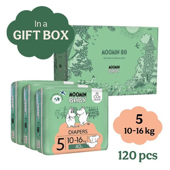 MOOMIN BABY 5 MAXI 10–16 KG (120 KS), JUBILEJNÍ MĚSÍČNÍ BALENÍ EKO PLEN V DÁRKOVÉM BOXU - JEDNORÁZOVÉ PLENY - PŘEBALOVÁNÍ