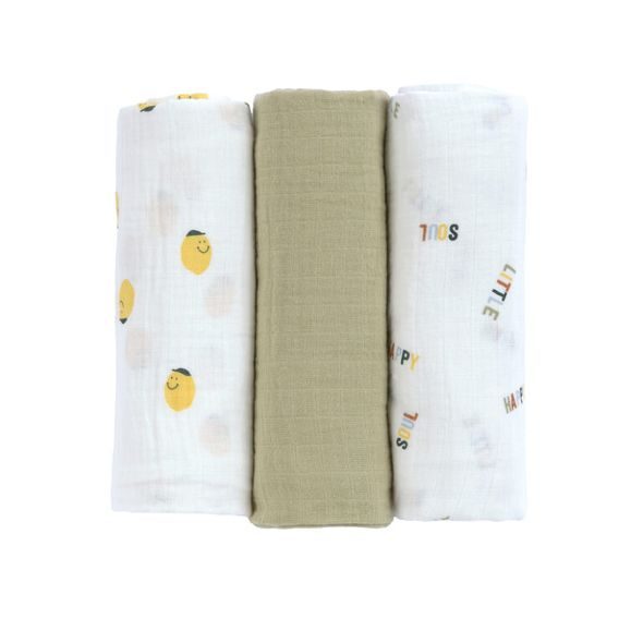 LÄSSIG BABIES SWADDLE BURP BLANKET 85X85 HAPPY FRUITS LEMON - LÁTKOVÉ PLENY ALL IN ONE - PŘEBALOVÁNÍ
