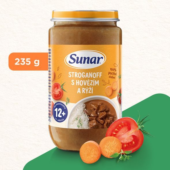SUNAR PŘÍKRM STROGANOFF S HOVĚZÍM A RÝŽÍ 12M+ 235G - MASO/ZELENINA - KRMENÍ