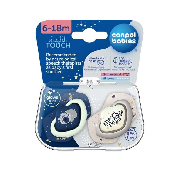 CANPOL BABIES SET SYMETRICKÝCH SILIKONOVÝCH DUDLÍKŮ LIGHT TOUCH 6-18M SLEEPY KOALA MODRÝ - ŠIDÍTKA A DOPLŇKY - KRMENÍ