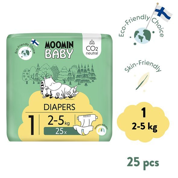 MOOMIN BABY 1 NEWBORN 2–5 KG (25 KS), EKO PLENY - JEDNORÁZOVÉ PLENY - PŘEBALOVÁNÍ