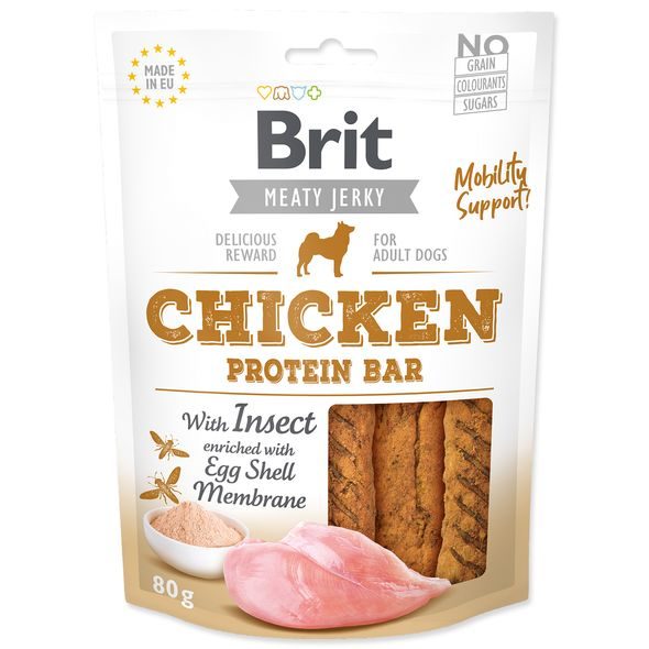 BRIT JERKY CHICKEN WITH INSECT PROTEIN BAR 80 G - SUŠENÉ PAMLSKY PRO PSY - CHOVATELSKÉ POTŘEBY MALVÍKZOO