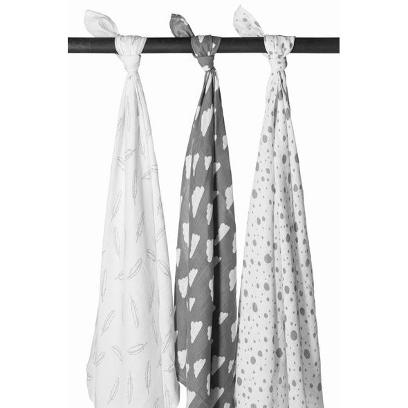 MEYCO PLENY 3-BALENÍ FEATHERS-CLOUDS-DOTS GREY/WHITE - ZAVINOVACÍ PLENY / OSUŠKY VELKÉ - PŘEBALOVÁNÍ
