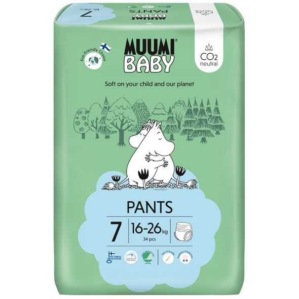 MUUMI BABY PANTS 7 XL 16-26 KG (102 KS), MĚSÍČNÍ BALENÍ KALHOTKOVÝCH EKO PLEN + KOŠ ZDARMA - JEDNORÁZOVÉ PLENY - PŘEBALOVÁNÍ