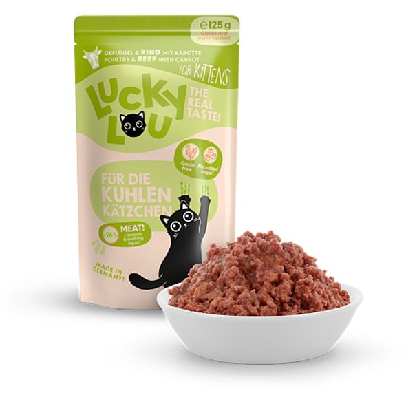 LUCKY LOU LUCKY LOU LIFESTAGE KITTEN S DRŮBEŽÍM A HOVĚZÍM MASEM 125 G - KAPSIČKY PRO KOČKY - CHOVATELSKÉ POTŘEBY MALVÍKZOO