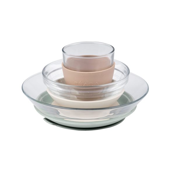 BEABA JÍDELNÍ SADA SKLENĚNÁ S PŘÍSAVKAMI NATURAL - VÝHODNÉ SADY - KRMENÍ