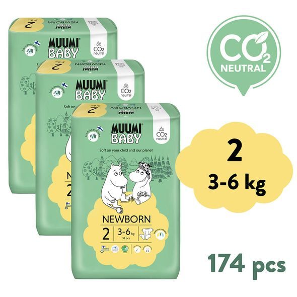 MUUMI BABY 2 NEWBORN 3–6 KG (174 KS), MĚSÍČNÍ BALENÍ EKO PLEN - JEDNORÁZOVÉ PLENY - PŘEBALOVÁNÍ