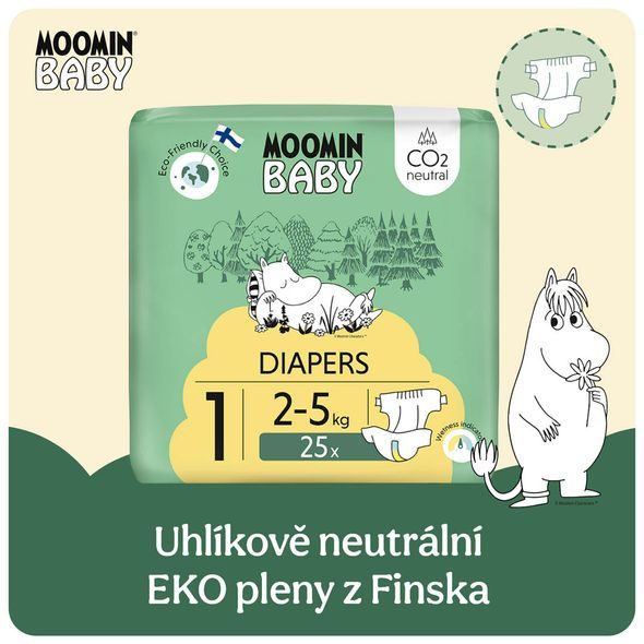MOOMIN BABY 1 NEWBORN 2–5 KG (75 KS), MĚSÍČNÍ BALENÍ EKO PLEN + KOŠ ZDARMA - JEDNORÁZOVÉ PLENY - PŘEBALOVÁNÍ