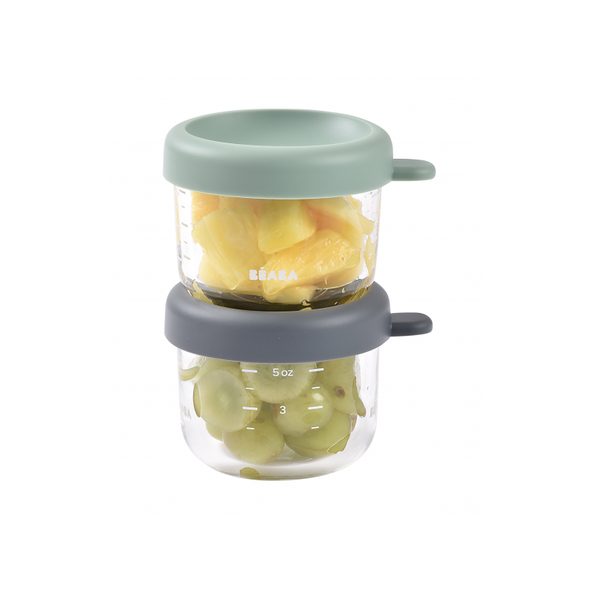 BEABA KELÍMKY NA JÍDLO SKLENĚNÉ 2X 150 ML GREEN GREY - USKLADNĚNÍ JÍDLA - KRMENÍ