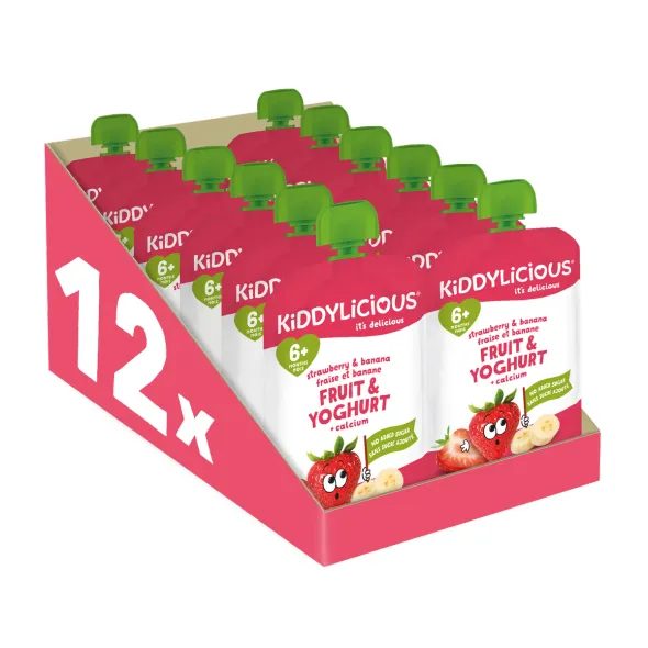 KIDDYLICIOUS OVOCNÁ KAPSIČKA S JAHODOU, BANÁNEM A JOGURTEM (12X100G) - KAPSIČKY - KRMENÍ