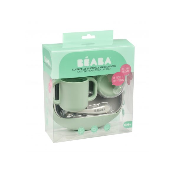 BEABA JÍDELNÍ SADA SILIKONOVÁ 4-DÍLNÁ S BRYNDÁKEM GREY / SAGE GREEN - VÝHODNÉ SADY - KRMENÍ