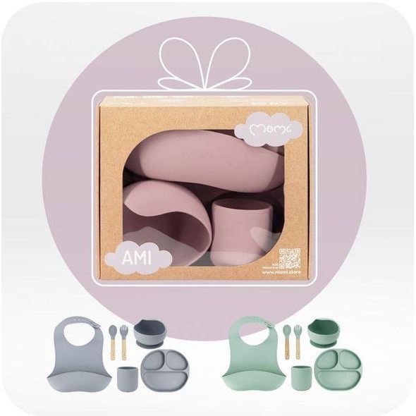 MOMI DĚTSKÝ SILIKONOVÝ JÍDELNÍ SET MOMI AMI RŮŽOVÝ - MISKY, TALÍŘKY A PODLOŽKY - KRMENÍ