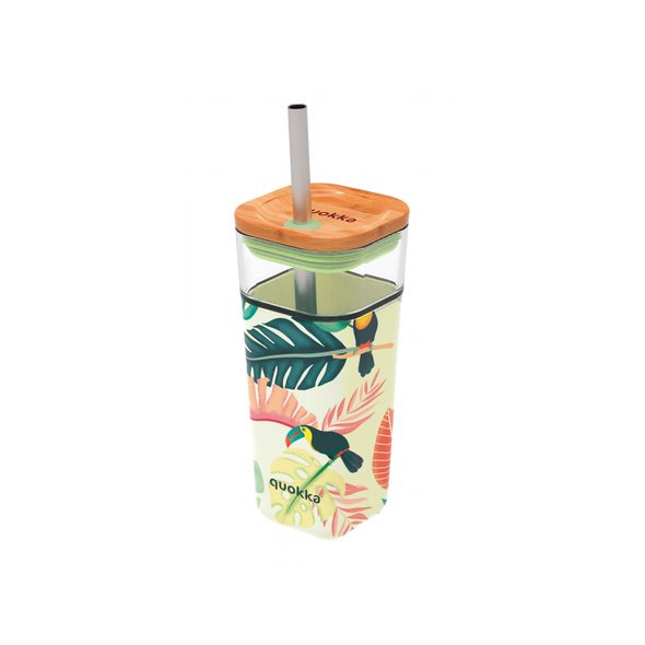 QUOKKA SKLENĚNÝ CESTOVNÍ HRNEK S BRČKEM LIQUID CUBE TROPICAL TOUCANS 540 ML - SPORTOVNÍ LAHVE - KRMENÍ