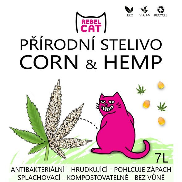 REBEL CAT PŘÍRODNÍ STELIVO HRUDKUJÍCÍ CORN & HEMP 7L - PŘÍRODNÍ STELIVO PRO KOČKY - CHOVATELSKÉ POTŘEBY MALVÍKZOO