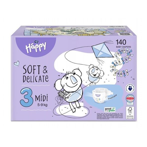 BELLA BABY HAPPY SOFT&DELICATE BOX 3 MIDI 5-9KG 140KS - JEDNORÁZOVÉ PLENY - VŠETKO NA PREBAĽOVANIE