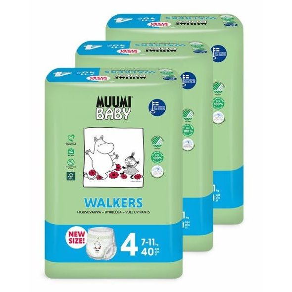 MUUMI BABY WALKERS 4 MAXI 7-11 KG (120 KS), MĚSÍČNÍ BALENÍ KALHOTKOVÝCH EKO PLEN - JEDNORÁZOVÉ PLENY - PŘEBALOVÁNÍ