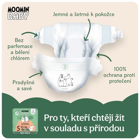 MOOMIN BABY 5 MAXI 10-16 KG (60 KS), EKO PLENKY - JEDNORÁZOVÉ PLENY - PŘEBALOVÁNÍ