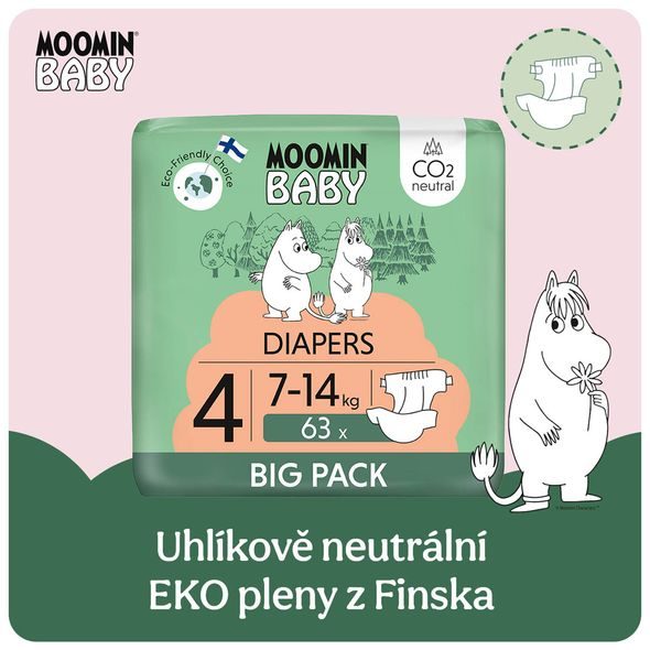 MOOMIN BABY 4 MAXI 7-14 KG (63 KS), EKO PLENKY - JEDNORÁZOVÉ PLENY - PŘEBALOVÁNÍ