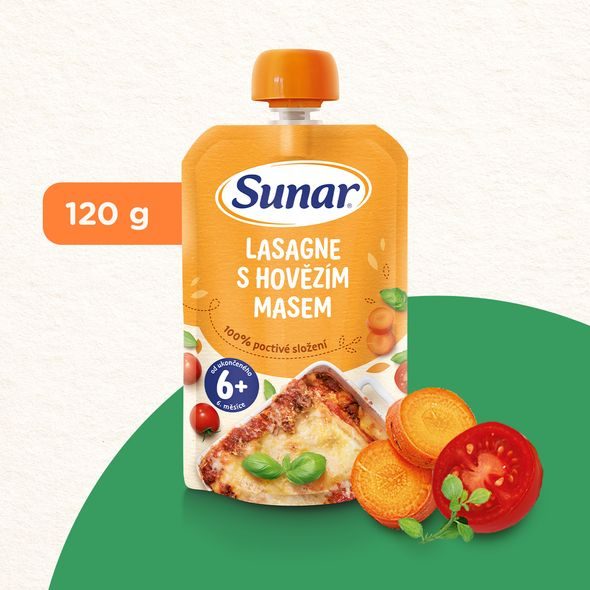 SUNAR PŘÍKRM LASAGNE S HOVĚZÍM MASEM 6M+ 120G - KAPSIČKY - KRMENÍ