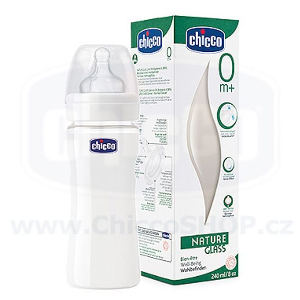 CHICCO FYZIOLOGICKÁ SKLENĚNÁ LÁHEV,240ML,SILIKONOVÝ DUDLÍK 0+M - KOJENECKÉ LAHVE - KRMENÍ
