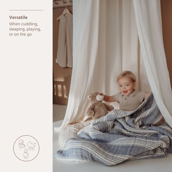 MEYCO DEKA Z PŘEDEPRANÉHO MUŠELÍNU A ŽAKÁRU 100X150 - STRIPE INDIGO - DĚTSKÉ DEKY PRO MIMINKA - SPINKÁNÍ