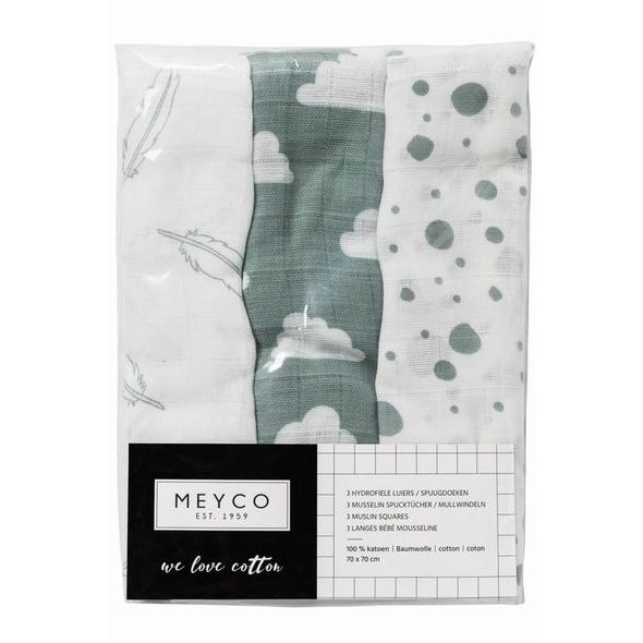 MEYCO PLENKY 3-BALENÍ FEATHERS-CLOUDS-DOTS STONE GREEN/WHITE - LÁTKOVÉ PLENY SKLÁDANÉ - PŘEBALOVÁNÍ
