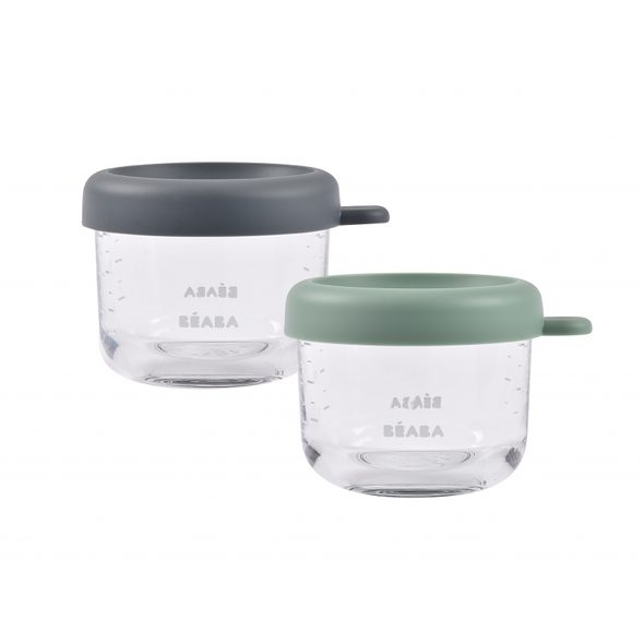 BEABA KELÍMKY NA JÍDLO SKLENĚNÉ 2X 150 ML GREEN GREY - USKLADNĚNÍ JÍDLA - KRMENÍ