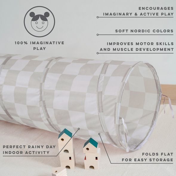 3 SPROUTS DĚTSKÝ TUNEL RECYCLED CHECKERBOARD BEIGE - HRACÍ DOMEČKY - SPINKÁNÍ